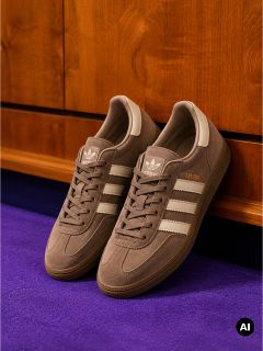 Une paire de baskets beige-marron avec des lacets blancs est posée sur un sol violet devant un fond en bois.