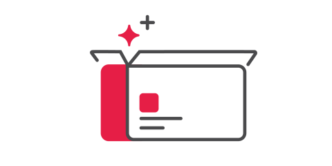 Illustration minimaliste d'une boîte ouverte avec une carte rouge à l'intérieur, des paillettes au-dessus et des lignes suggérant des informations ou du texte, symbolisant une nouvelle ou une spéciale révélation de produit.