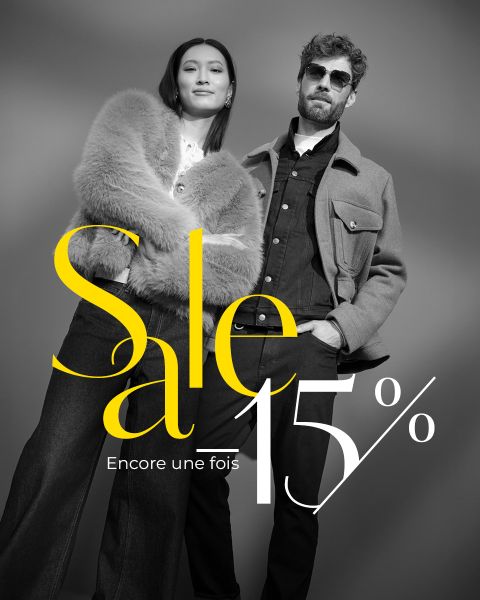 Une femme élégante en manteau de fourrure et un homme avec des lunettes de soleil posent avec assurance. Le texte est "Sale 15%. Encore une fois.