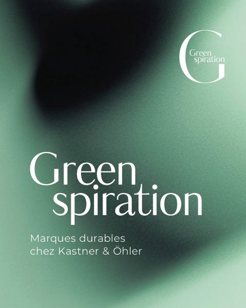 Fond abstrait vert et noir avec le texte "Greenspiration. Marques durables chez Kastner & Öhler" et un grand "G" dans le coin supérieur droit.